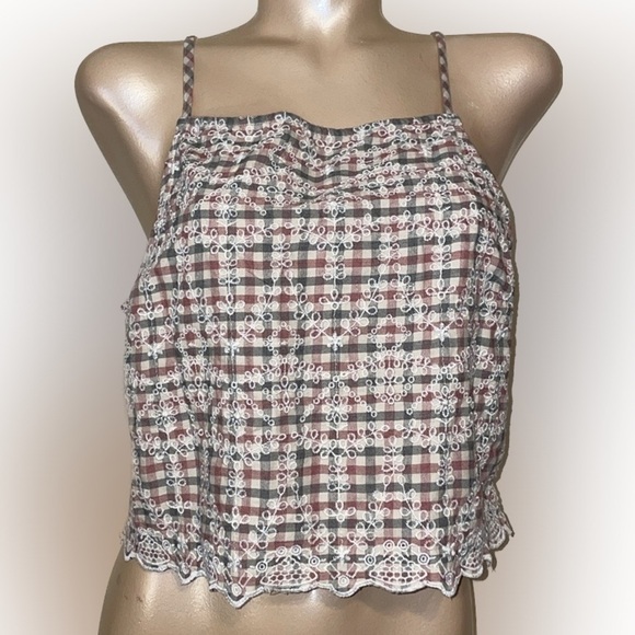 American Eagle Outfitters Tops - American Eagle womens shirt XL top crop plaid gingham embroider cream red AEO